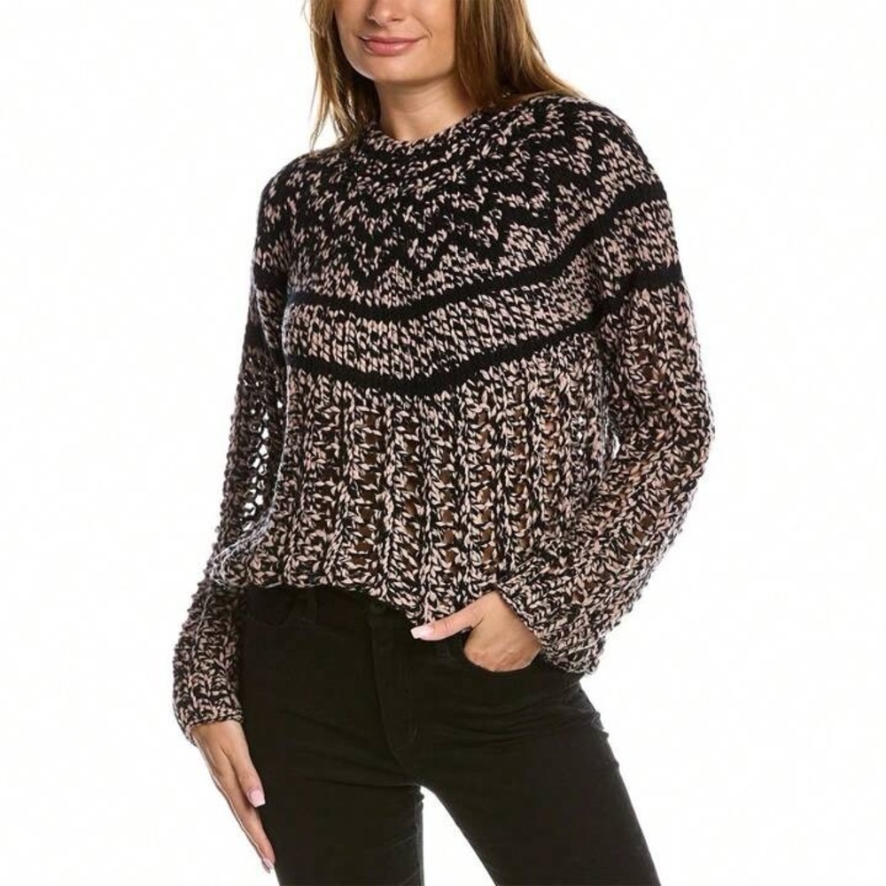 Theory Chunky Open Jacquard Knit Chevron Loose Wool & Cashmere Blend Sweater P